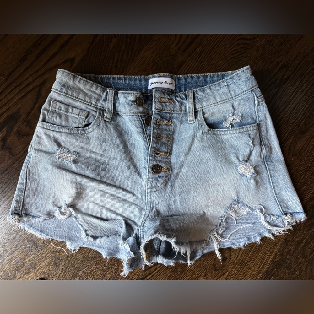 Distressed Light Blue Denim Shorts, size 26
